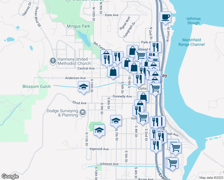 map of restaurants, bars, coffee shops, grocery stores, and more near 775 Donnelly Avenue in Coos Bay