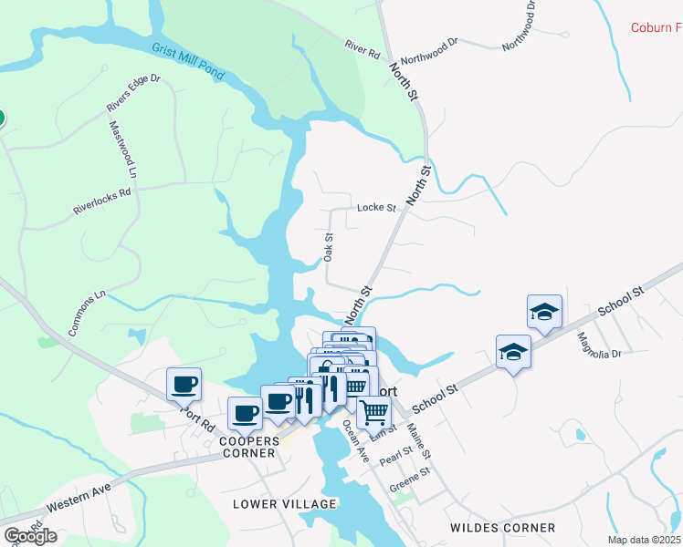 map of restaurants, bars, coffee shops, grocery stores, and more near 7 Oak Street in Kennebunkport