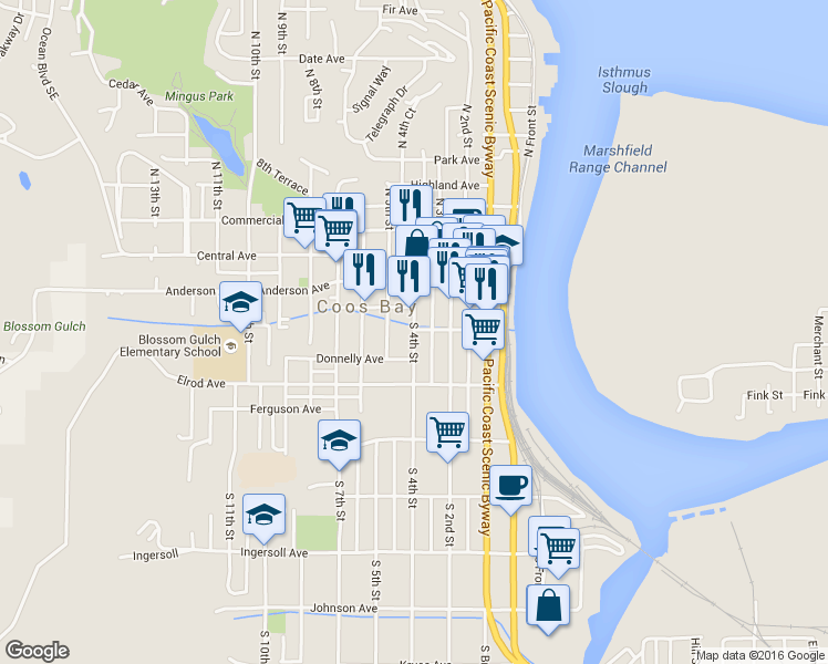 map of restaurants, bars, coffee shops, grocery stores, and more near 309 South 4th Street in Coos Bay