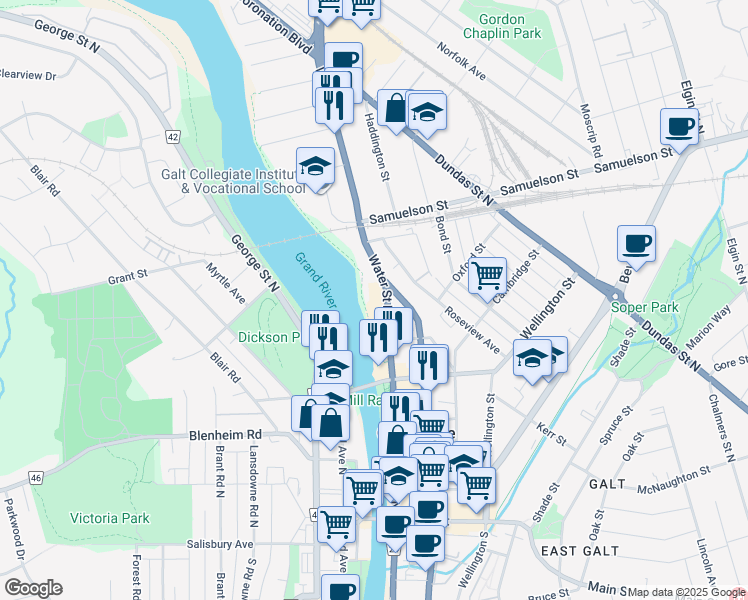 map of restaurants, bars, coffee shops, grocery stores, and more near 150 Water Street North in Cambridge