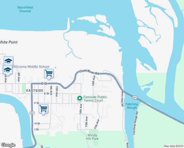 map of restaurants, bars, coffee shops, grocery stores, and more near 1524 Coos River Highway in Coos Bay