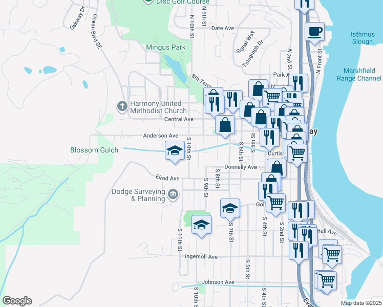 map of restaurants, bars, coffee shops, grocery stores, and more near 230 South 10th Street in Coos Bay