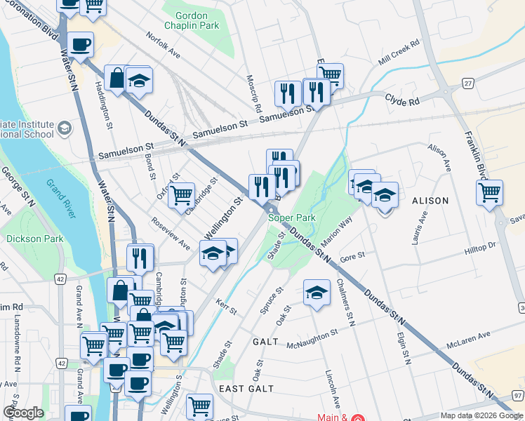 map of restaurants, bars, coffee shops, grocery stores, and more near 164 Beverly Street in Cambridge