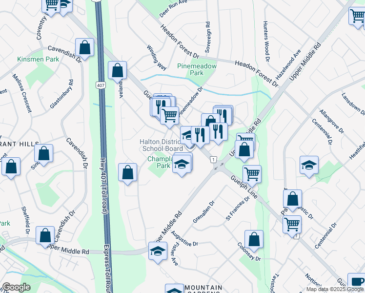 map of restaurants, bars, coffee shops, grocery stores, and more near 2231 Mountain Grove Avenue in Burlington