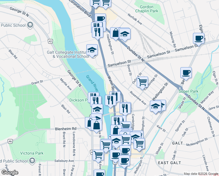map of restaurants, bars, coffee shops, grocery stores, and more near 165 Water Street North in Cambridge