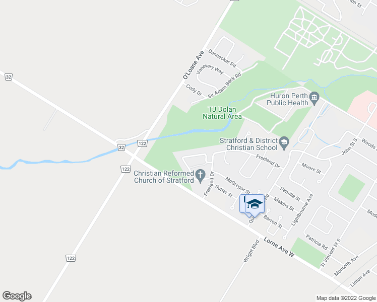 map of restaurants, bars, coffee shops, grocery stores, and more near 114 Athlone Crescent in Stratford