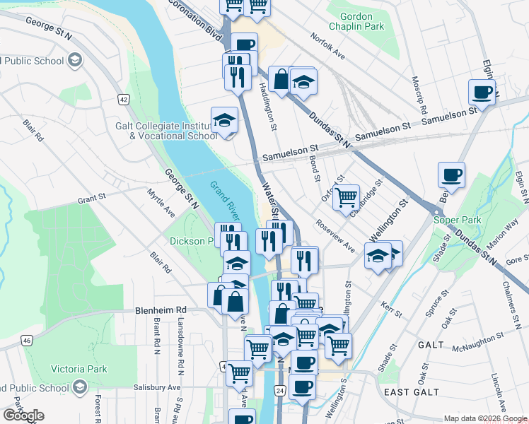 map of restaurants, bars, coffee shops, grocery stores, and more near 150 Water Street North in Cambridge