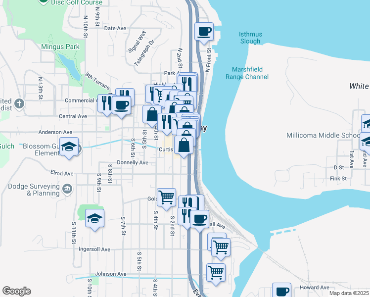 map of restaurants, bars, coffee shops, grocery stores, and more near in Coos Bay