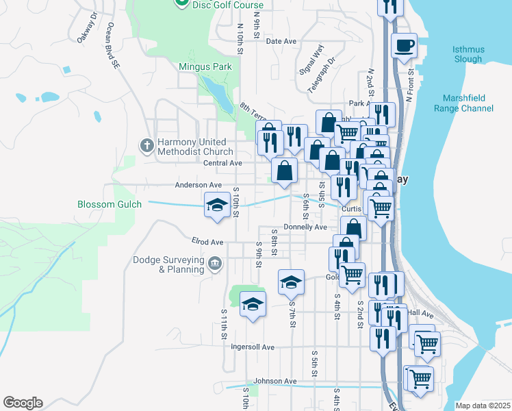 map of restaurants, bars, coffee shops, grocery stores, and more near 260 South 9th Street in Coos Bay