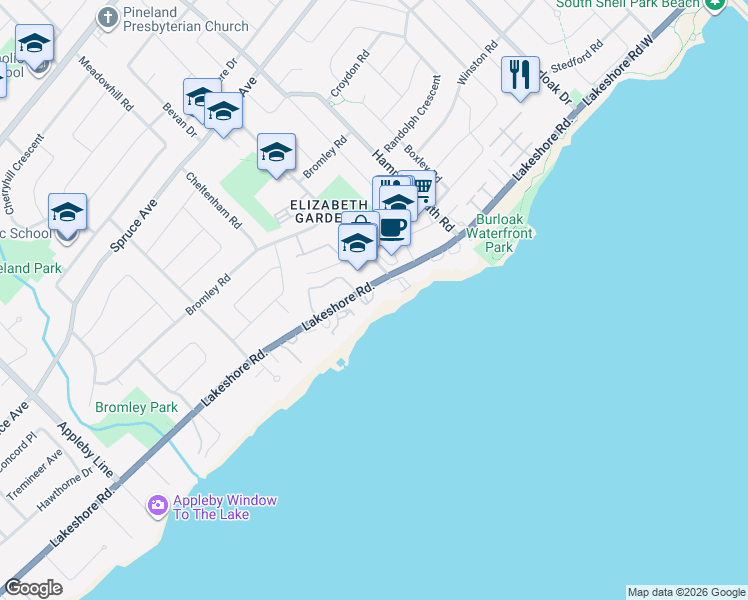 map of restaurants, bars, coffee shops, grocery stores, and more near 5280 Lakeshore Road in Burlington