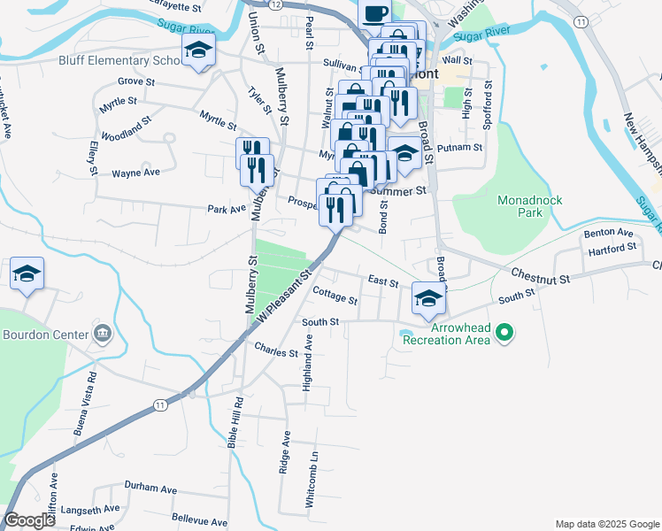 map of restaurants, bars, coffee shops, grocery stores, and more near 169 Pleasant Street in Claremont