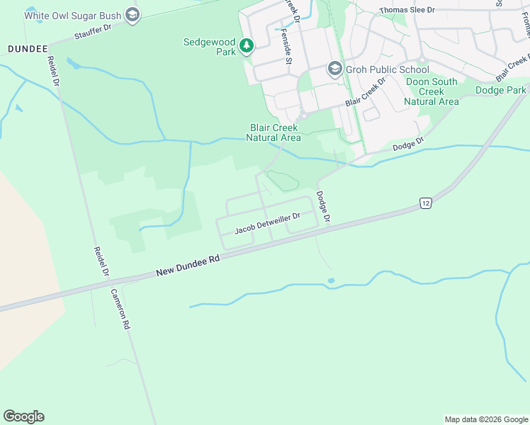 map of restaurants, bars, coffee shops, grocery stores, and more near 45 Stauffer Woods Trail in Kitchener