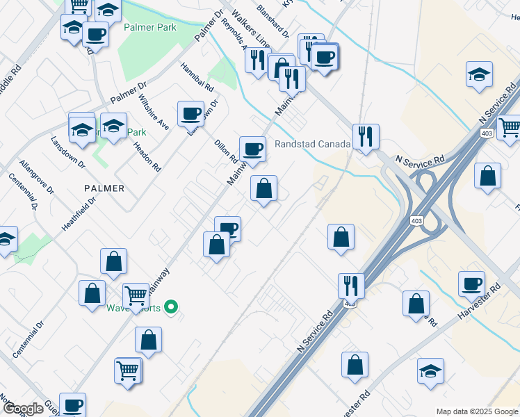 map of restaurants, bars, coffee shops, grocery stores, and more near 3400 Landmark Road in Burlington