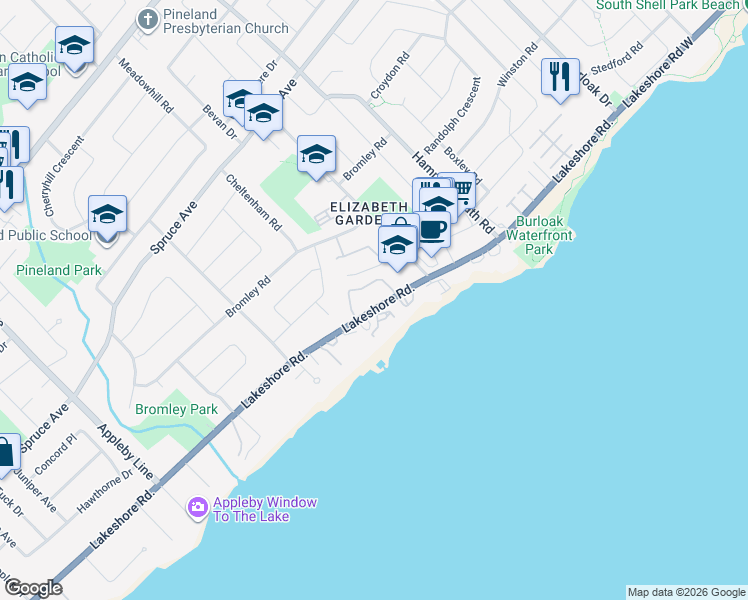 map of restaurants, bars, coffee shops, grocery stores, and more near 5165 Banting Court in Burlington
