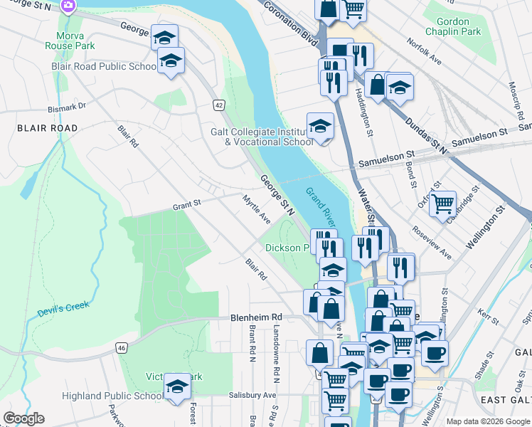 map of restaurants, bars, coffee shops, grocery stores, and more near 12 Myrtle Avenue in Cambridge
