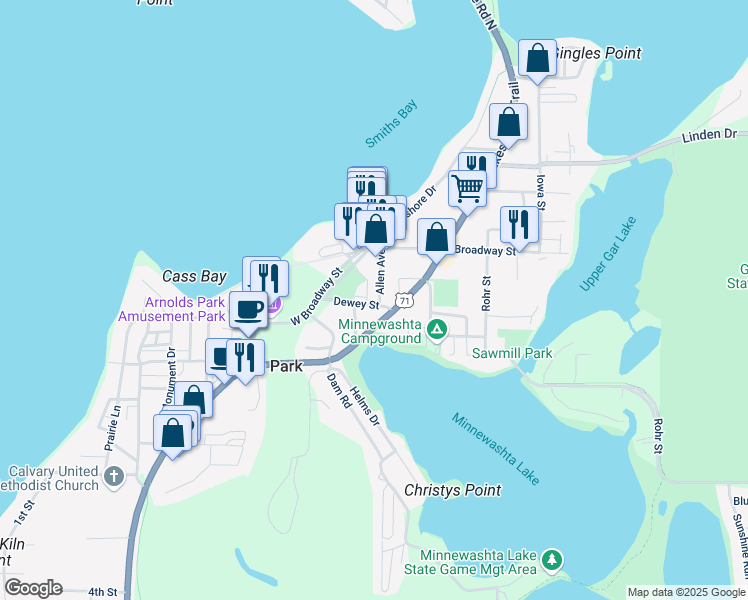 map of restaurants, bars, coffee shops, grocery stores, and more near 33 Allen Avenue in Arnolds Park