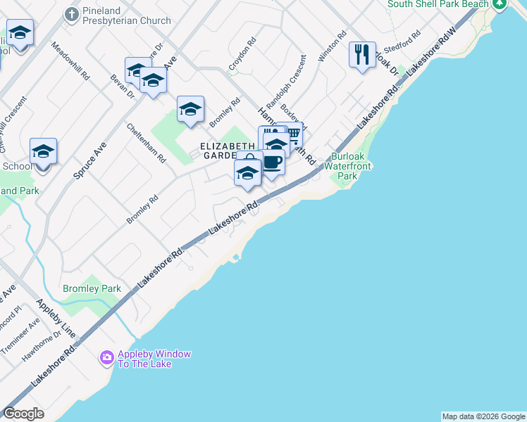 map of restaurants, bars, coffee shops, grocery stores, and more near 5314 Lakeshore Road in Burlington