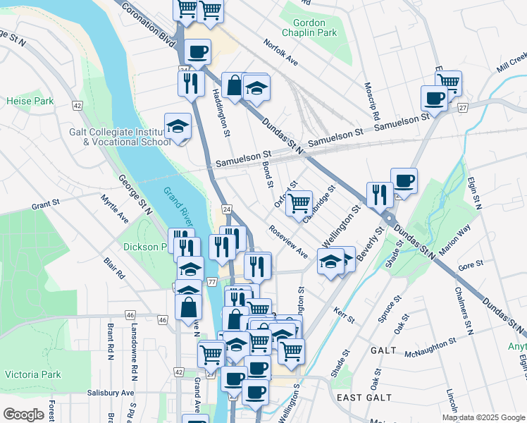 map of restaurants, bars, coffee shops, grocery stores, and more near 12 A Oxford Street in Cambridge