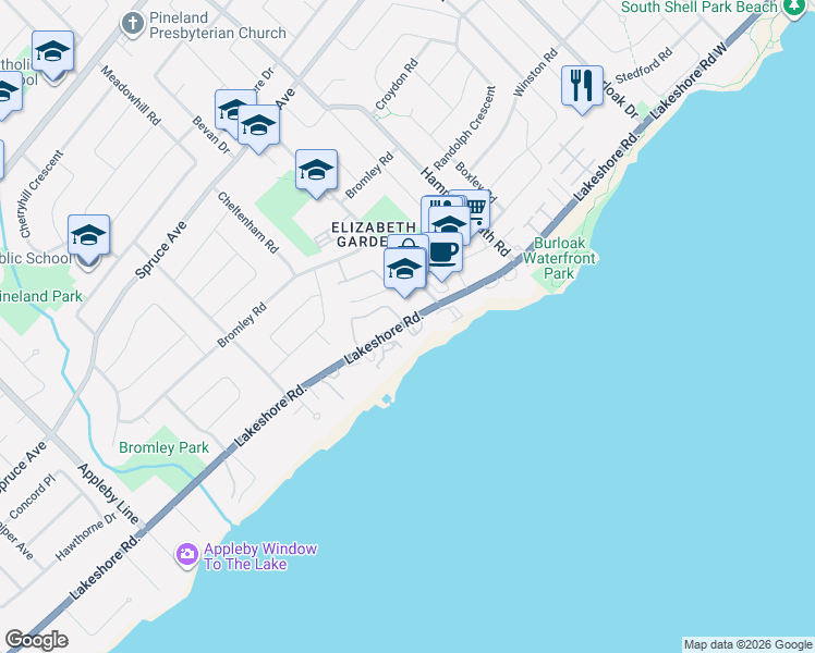 map of restaurants, bars, coffee shops, grocery stores, and more near 5280 Lakeshore Road in Burlington