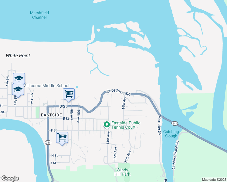 map of restaurants, bars, coffee shops, grocery stores, and more near 1524 Coos River Highway in Coos Bay