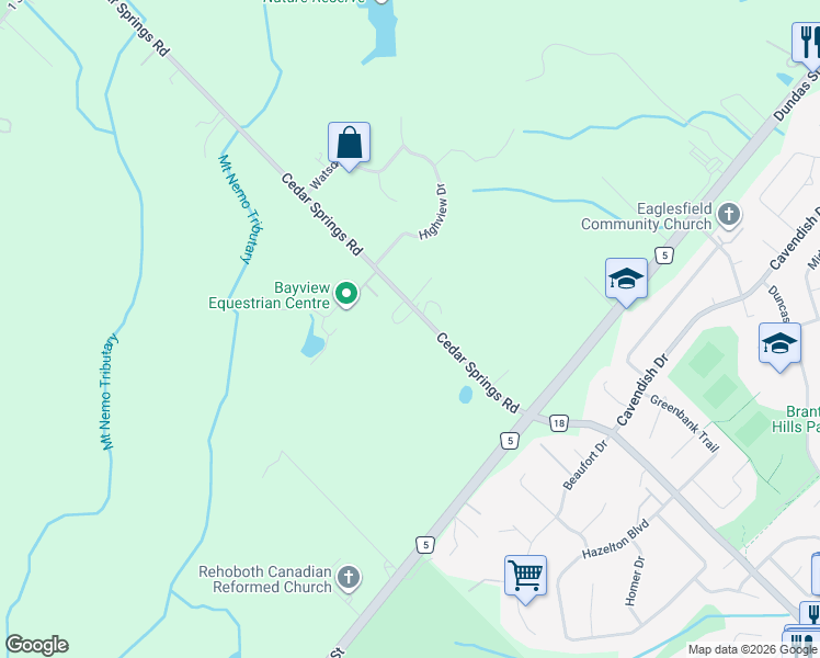 map of restaurants, bars, coffee shops, grocery stores, and more near 3122 Cedar Springs Road in Burlington