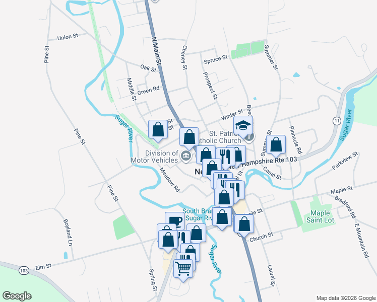 map of restaurants, bars, coffee shops, grocery stores, and more near 58 North Main Street in Newport