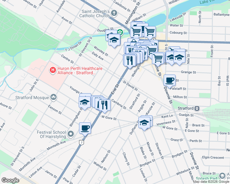 map of restaurants, bars, coffee shops, grocery stores, and more near 239 Erie Street in Stratford