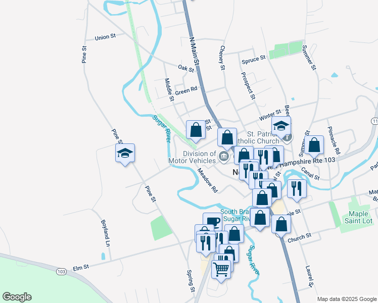 map of restaurants, bars, coffee shops, grocery stores, and more near 65 Belknap Avenue in Newport