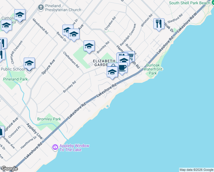 map of restaurants, bars, coffee shops, grocery stores, and more near 5255 Lakeshore Road in Burlington