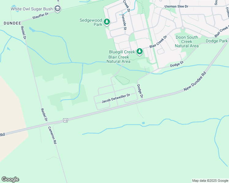 map of restaurants, bars, coffee shops, grocery stores, and more near Stauffer Woods Trail in Kitchener