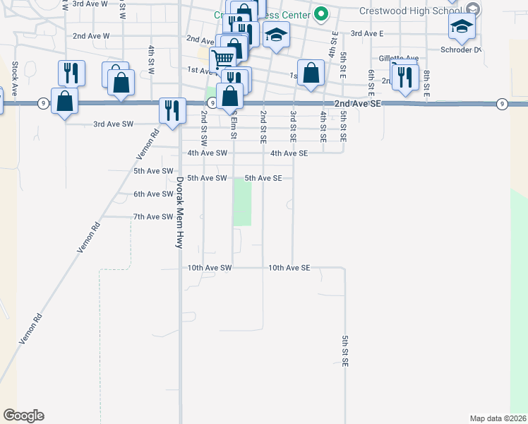 map of restaurants, bars, coffee shops, grocery stores, and more near 501 2nd Street Southeast in Cresco