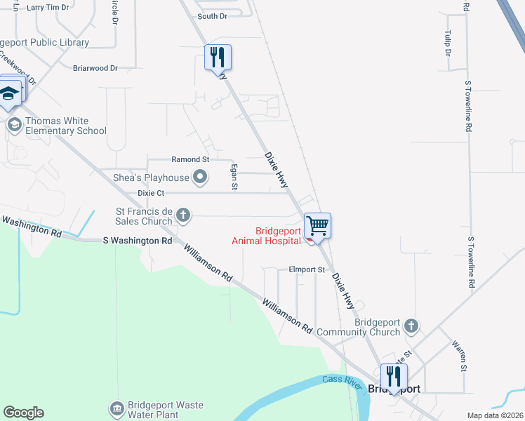 map of restaurants, bars, coffee shops, grocery stores, and more near 3395 Woodland Court in Saginaw