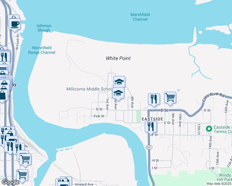 map of restaurants, bars, coffee shops, grocery stores, and more near 260 2nd Avenue in Coos Bay