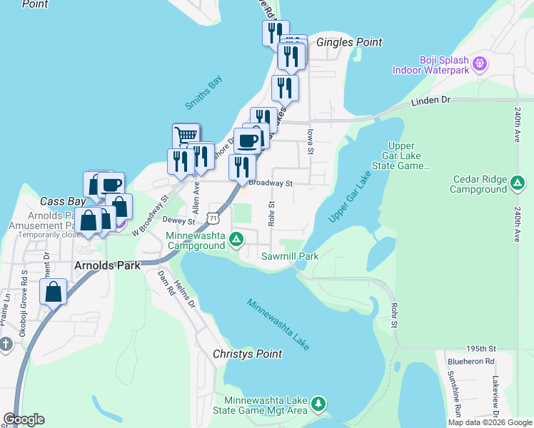 map of restaurants, bars, coffee shops, grocery stores, and more near 199 Rohr St in Arnolds Park