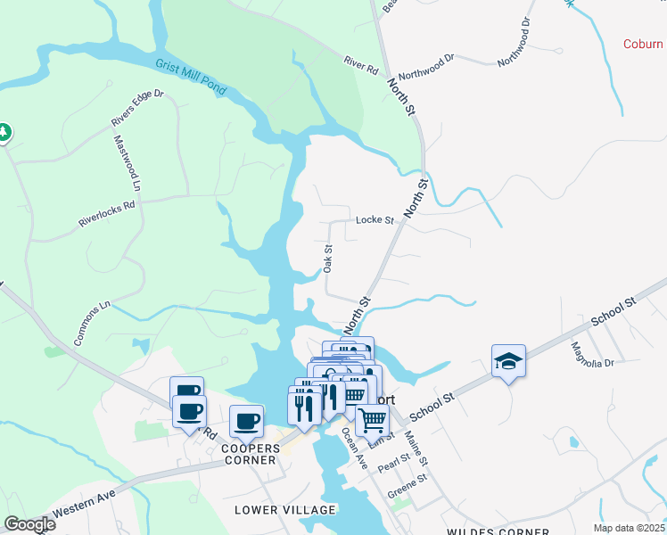 map of restaurants, bars, coffee shops, grocery stores, and more near 7 Oak Street in Kennebunkport