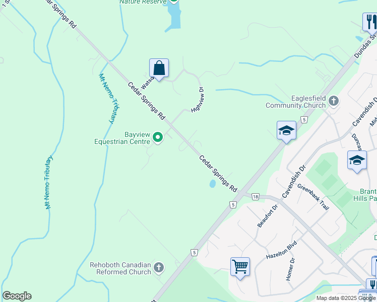 map of restaurants, bars, coffee shops, grocery stores, and more near 3122 Cedar Springs Road in Burlington