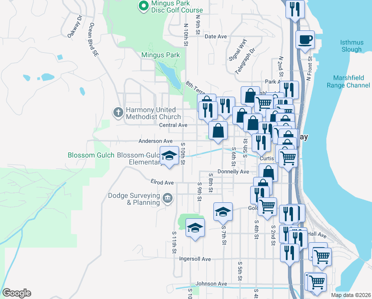 map of restaurants, bars, coffee shops, grocery stores, and more near 230 South 10th Street in Coos Bay
