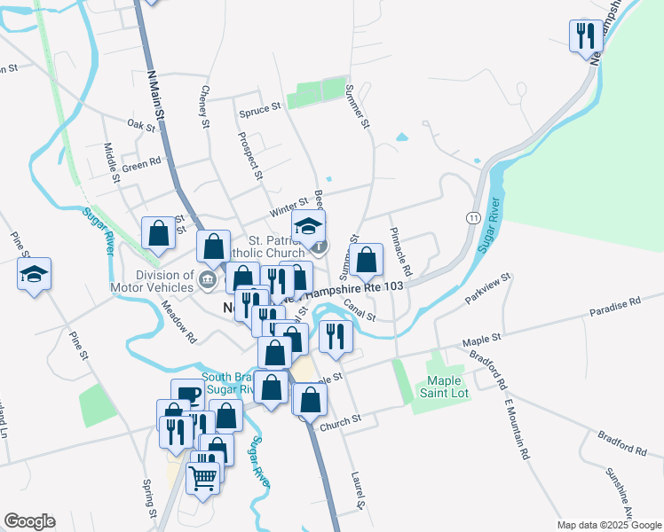 map of restaurants, bars, coffee shops, grocery stores, and more near 21 Beech Street in Newport