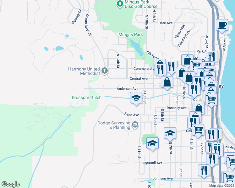 map of restaurants, bars, coffee shops, grocery stores, and more near 1255 Anderson Avenue in Coos Bay