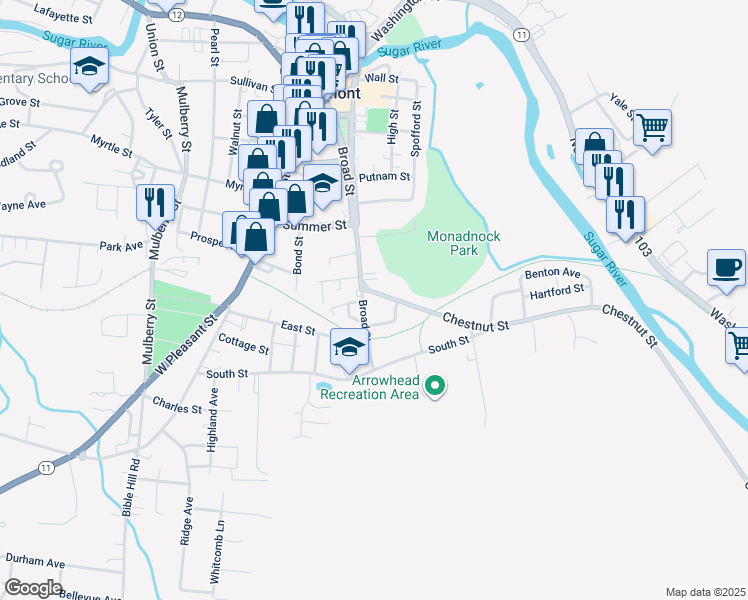 map of restaurants, bars, coffee shops, grocery stores, and more near 238 Broad Street in Claremont