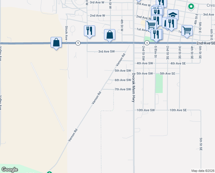 map of restaurants, bars, coffee shops, grocery stores, and more near 504 7th Avenue Southwest in Cresco