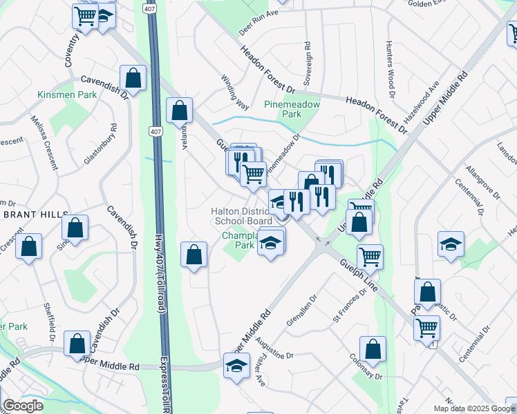 map of restaurants, bars, coffee shops, grocery stores, and more near 2297 Mountain Grove Avenue in Burlington