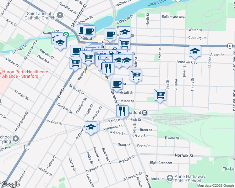 map of restaurants, bars, coffee shops, grocery stores, and more near 245 Downie Street in Stratford