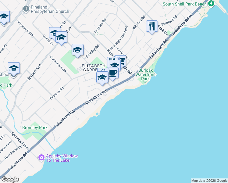 map of restaurants, bars, coffee shops, grocery stores, and more near 5314 Lakeshore Road in Burlington