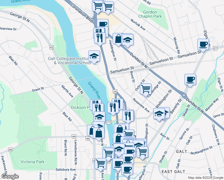 map of restaurants, bars, coffee shops, grocery stores, and more near 170 Water Street North in Cambridge