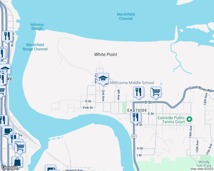 map of restaurants, bars, coffee shops, grocery stores, and more near 260 2nd Avenue in Coos Bay
