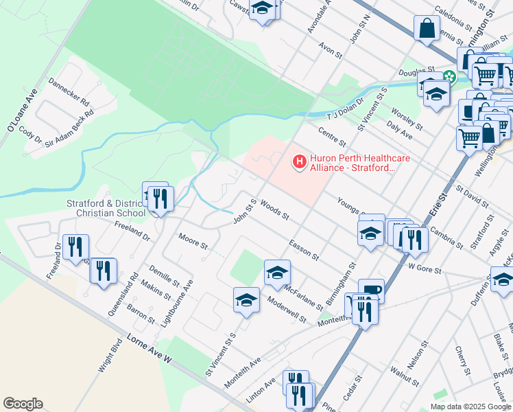 map of restaurants, bars, coffee shops, grocery stores, and more near 171 John Street South in Stratford