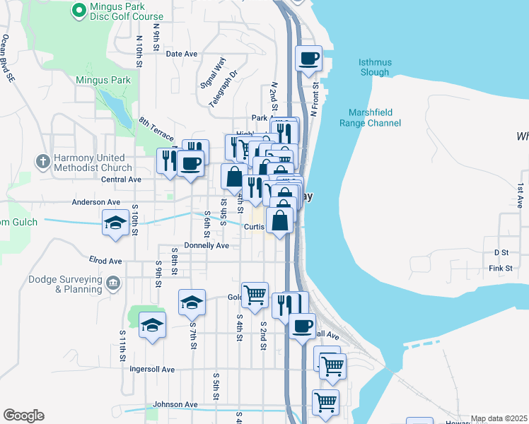 map of restaurants, bars, coffee shops, grocery stores, and more near 247 South 2nd Street in Coos Bay