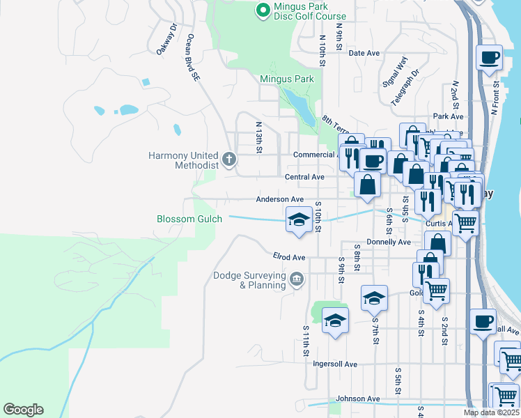 map of restaurants, bars, coffee shops, grocery stores, and more near 1255 Anderson Avenue in Coos Bay