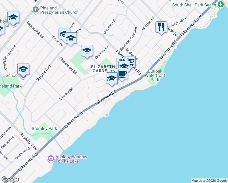 map of restaurants, bars, coffee shops, grocery stores, and more near 5291 Lakeshore Road in Burlington